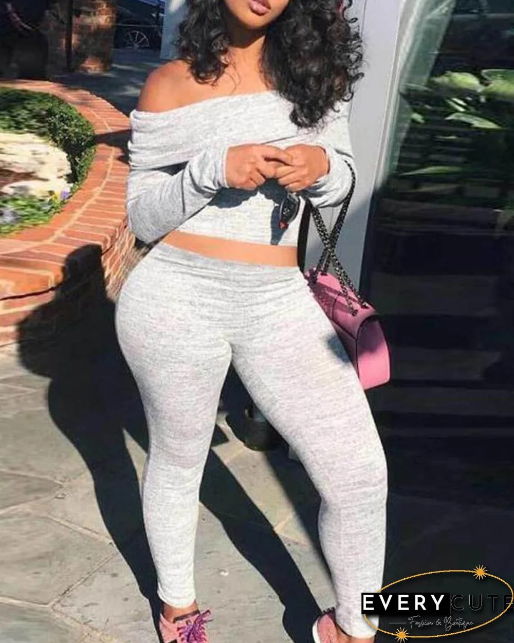 Off Shoulder Long Sleeve Crop Top & Skinny Pants Set P13624