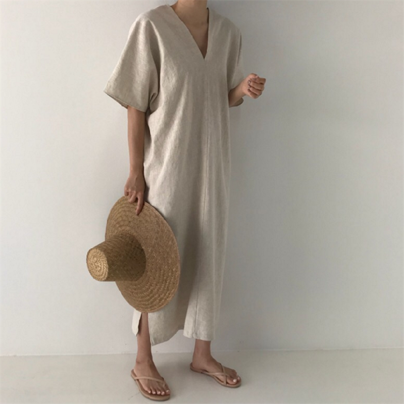 Standawon Spring Teacher Outfits – Minimalist Retro V-Neck Maxi Dress