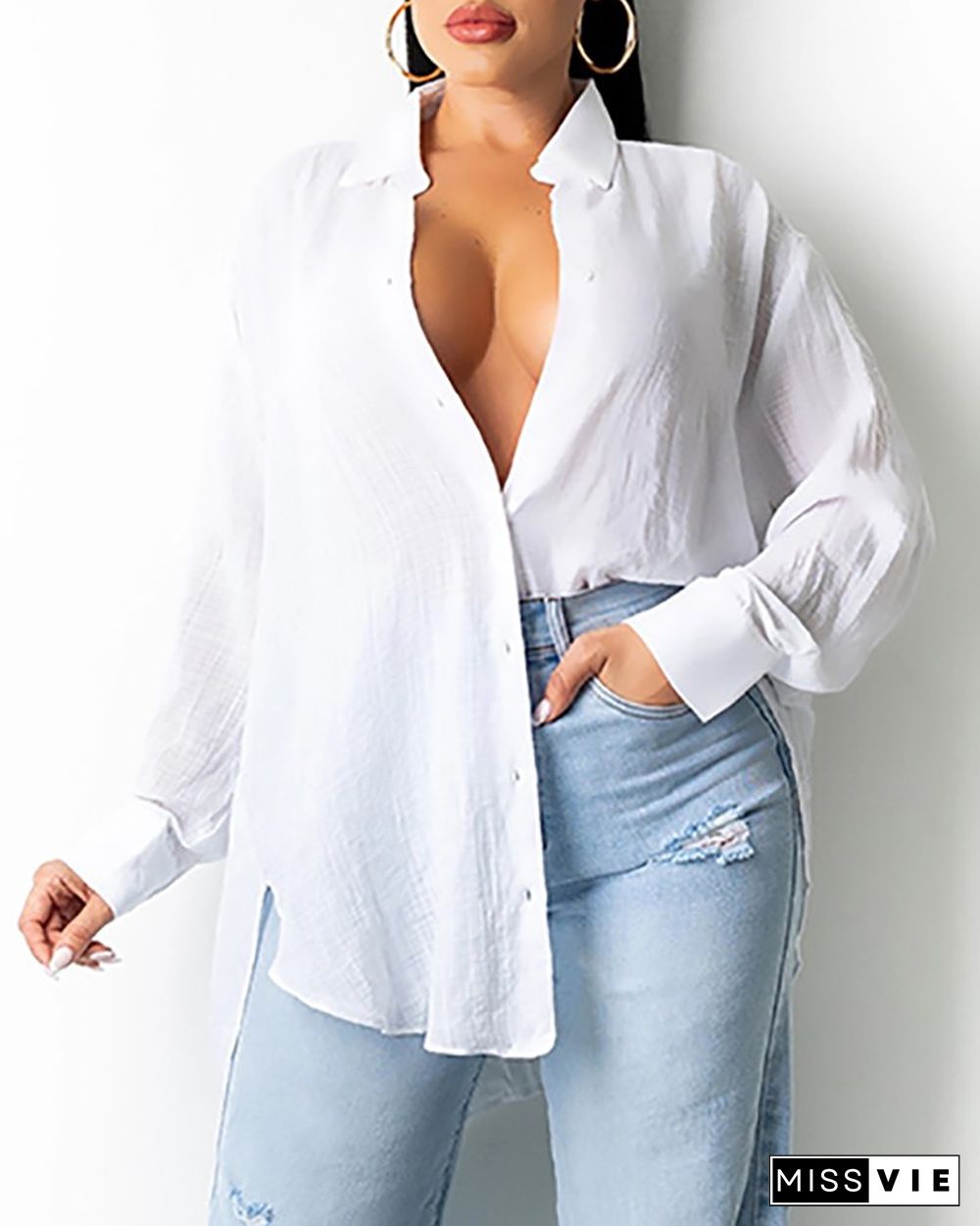 Button Design Lantern Sleeve Shirt
