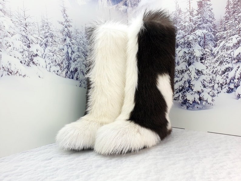 Knee Brown white goat fur women winter boots Yeti boots Long fur snow boots