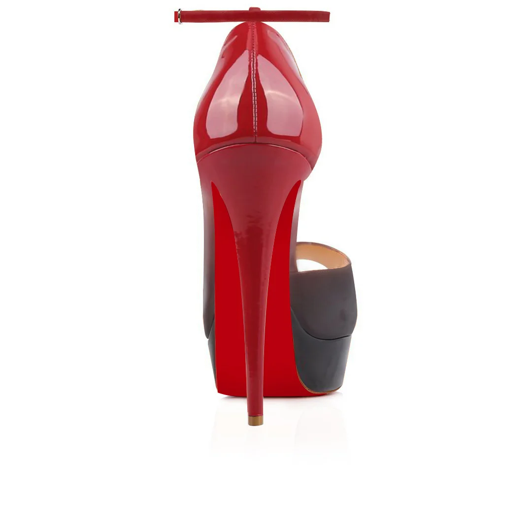 150mm  Red Bottom Gradient Color Sky High Platform Ankle strap Pumps Red Black Patent-MERUMOTE