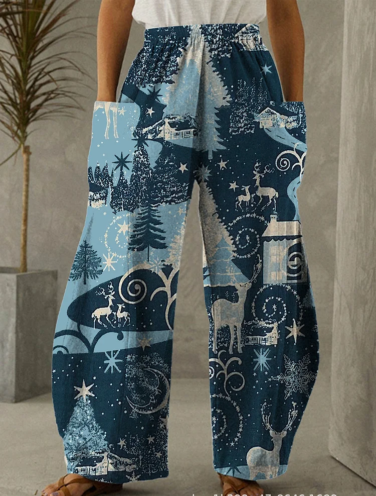 Christmas Blue Deer Print Casual Pants