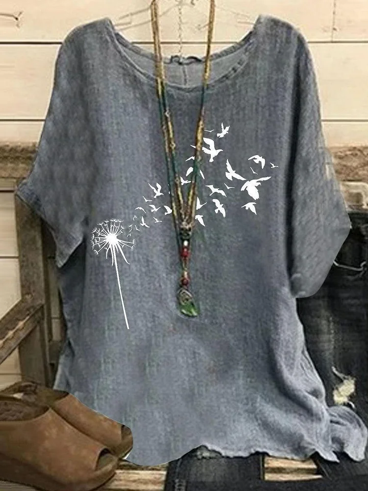 Crew Neck Botanical Print Casual Short Sleeve Blouse