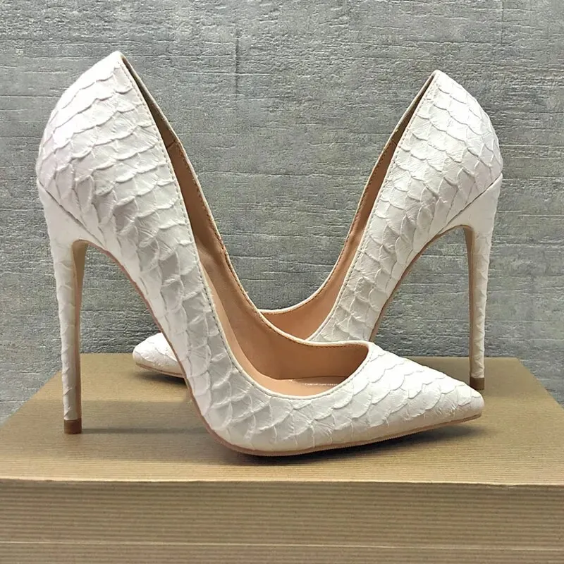 White Crocodile-Effect Women Pattern Stiletto High Heels 12cm 10cm 8cm Pointy Pumps Chic Party Shoes