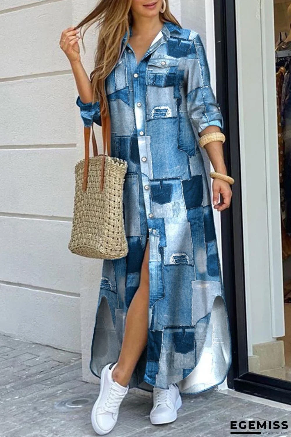 Blue Casual Print Patchwork Turndown Collar Long Sleeve Dresses | EGEMISS