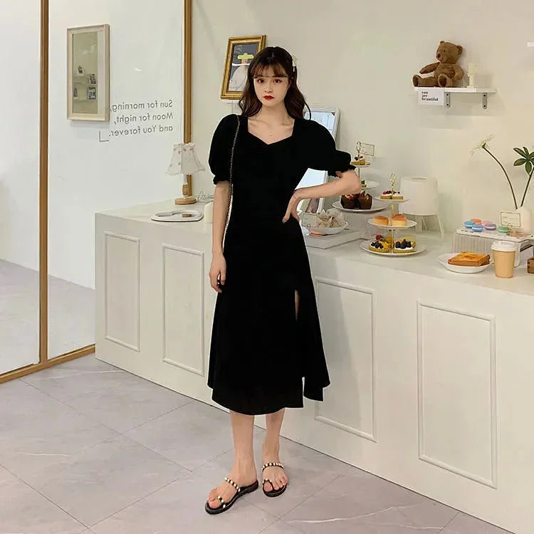 Dresses Women Black Retro Plus Size 4XL Elegant Friends Side Slit Temperament Minimalist Shirring Summer 2021 Daily Chic Simple