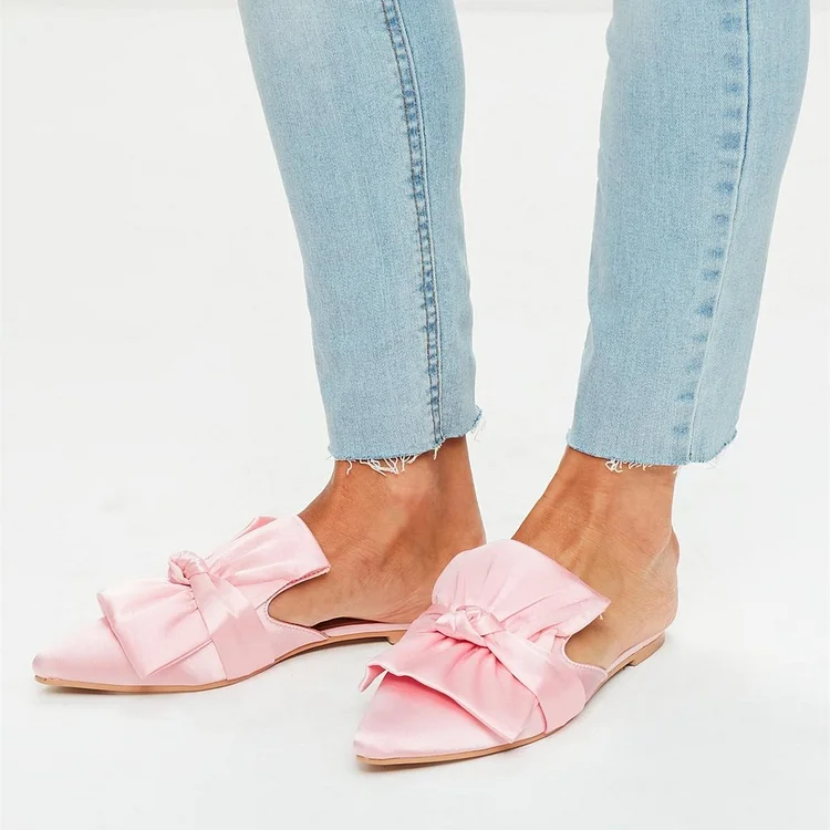 Pink Satin Bow Pointed Toe Flat Mule Loafers for Women |FSJ Shoes