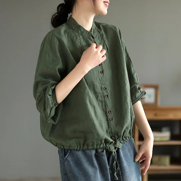 Women Spring Retro Cotton Linen Lacing Blouse