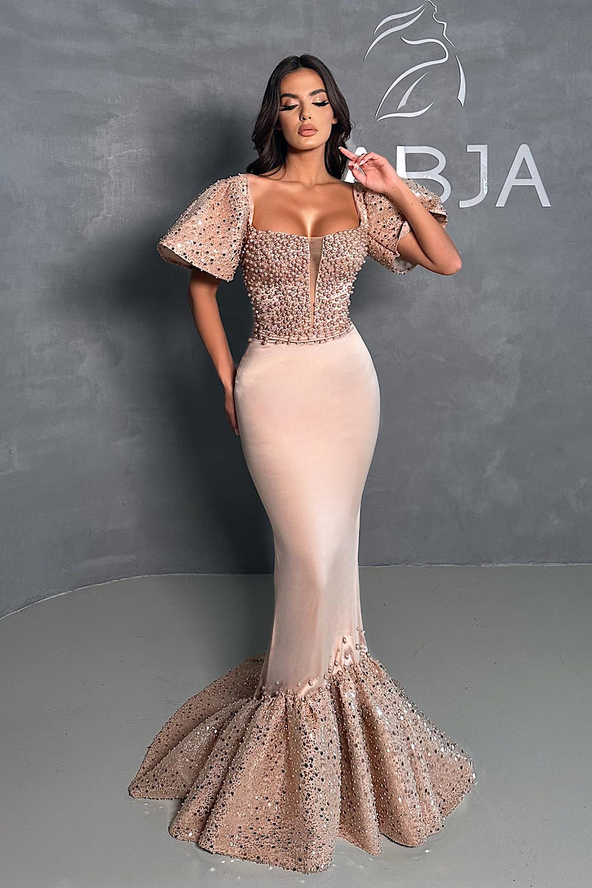 Bellasprom Square Short Sleeves Mermaid Prom Dress With Sequins Pearls Bellasprom