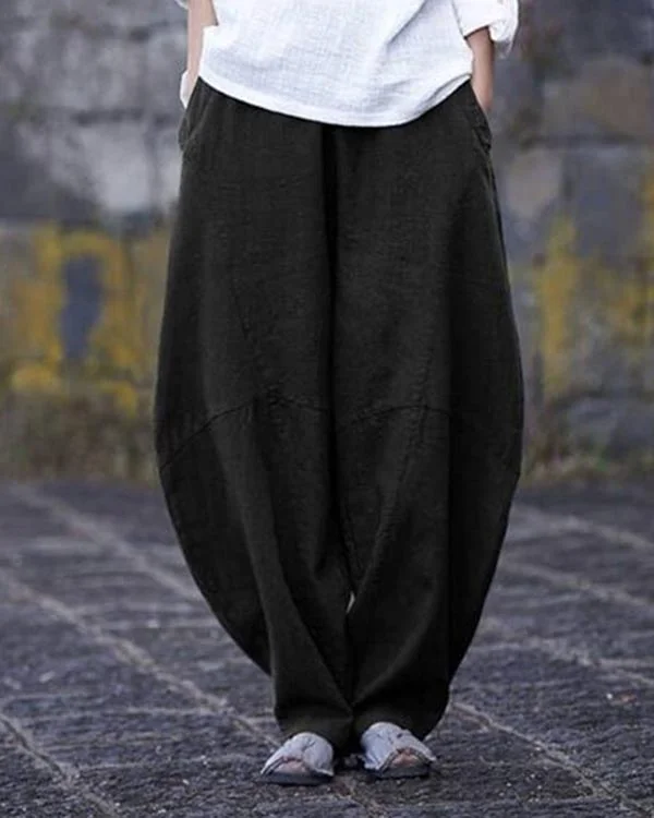 Cotton and Linen Loose Casual Pants for Women Spliced with Solid Color Pants