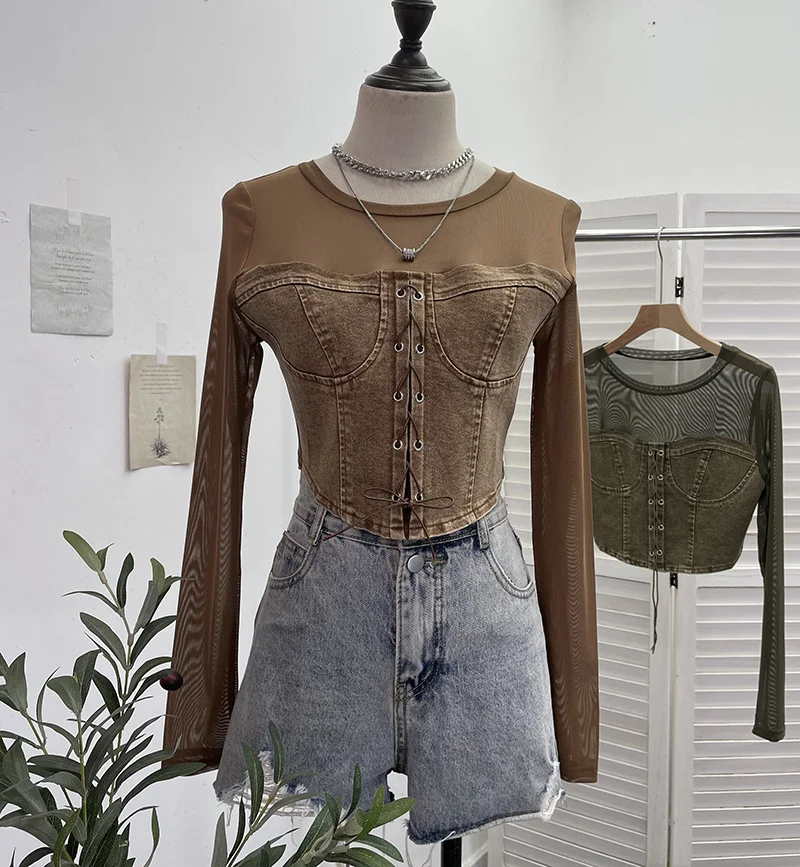 Uveng Real Shooting Denim Splicing Mesh Design Long-Sleeved T-Shirt Wearing Rope Tie Short Repair Body Coat 2638