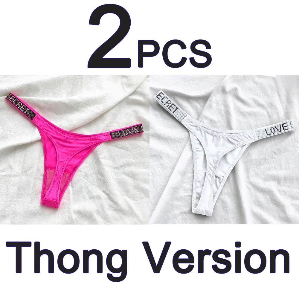 2PCS Sexy Low Waist Panties G String Comfort Satin Underwear Women Rhinestone High Fork Thong Seamless Intimates Lingerie Cotton