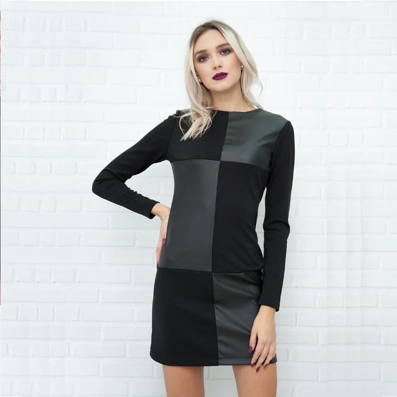 Women Vintage Leather Patchwork Party Dress Long Sleeve O neck Solid Sheath Elegant Casual Dress 2019 Winter New Fashion Dress