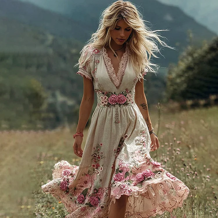 Women's Vintage Rose Embroidery Art Comfy Linen Maxi Dress