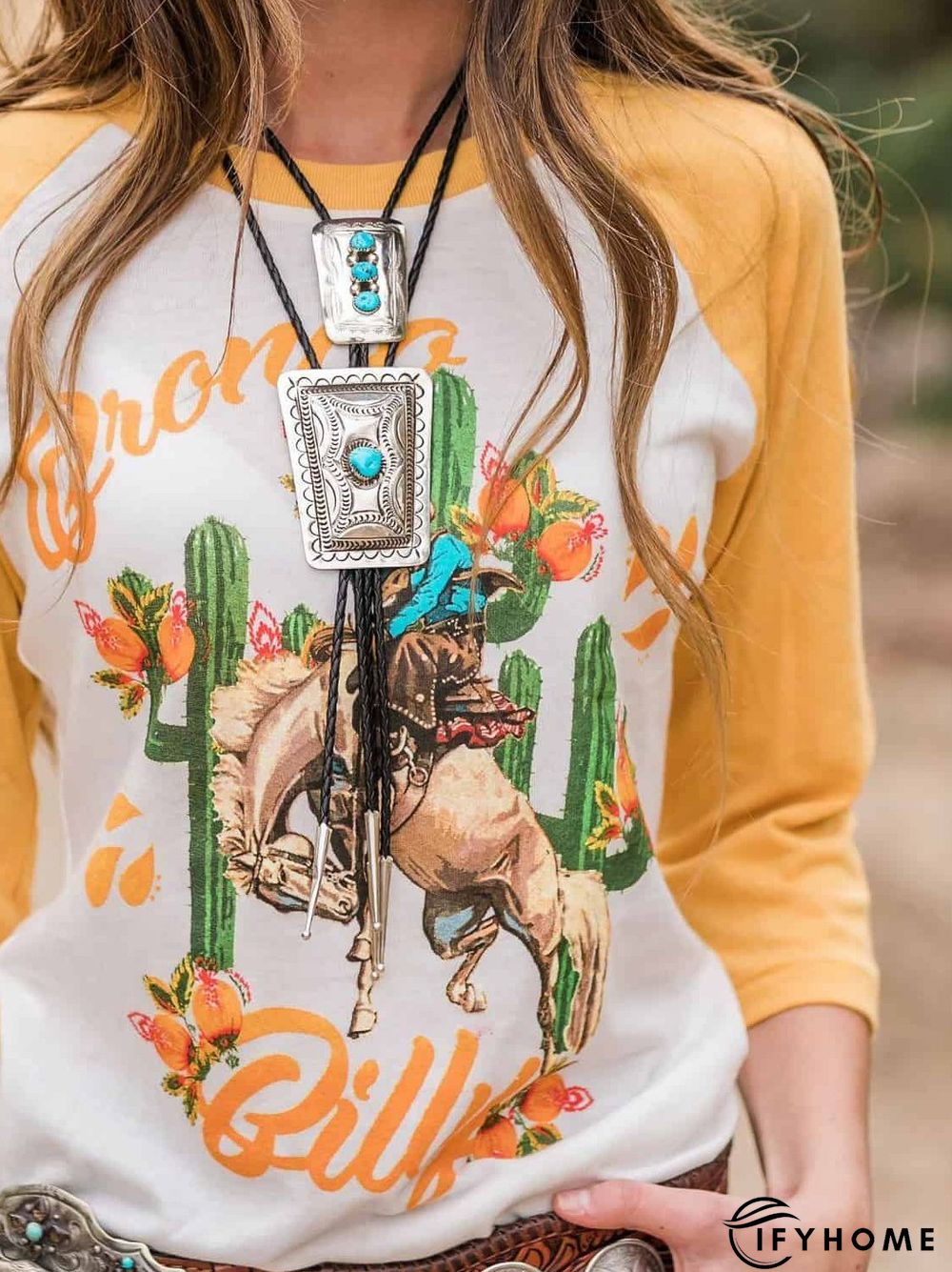 3/4 Sleeve Cotton-Blend Crew Neck Printed T-shirt | IFYHOME