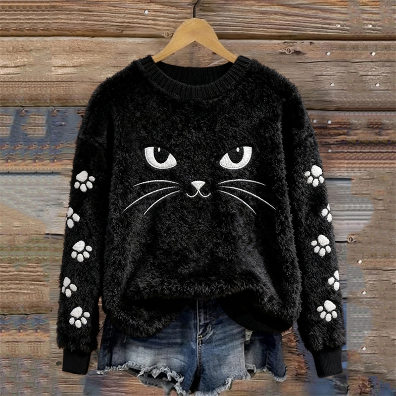 Black Cat Face & Paw Prints Embroidered Cozy Plush Sweatshirt elevenforest