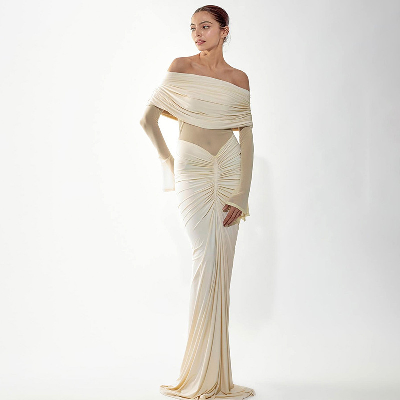 Krillerbot Strapless Pleated Backless Evening Party Dress Women Perspective Elegant Sexy Dress Bodycon Long Autumn Dress Vestidos