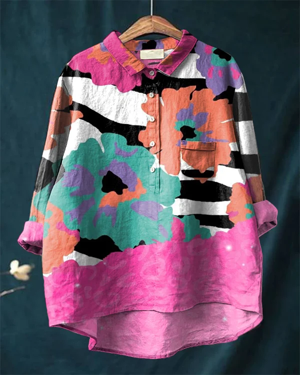 Vintage Striped Floral Cotton and Linen Casual Shirt