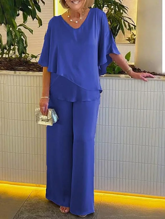 Women Half Sleeve V-neck Solid Color Dress