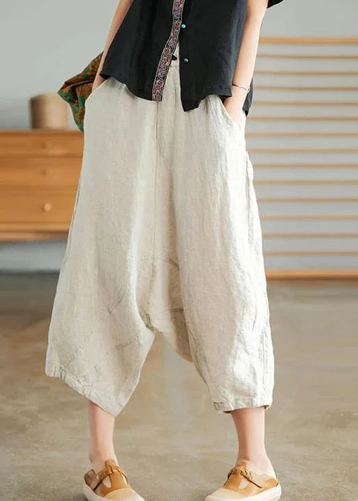 Beige Women Casual Solid Color Linen Pocket Pants