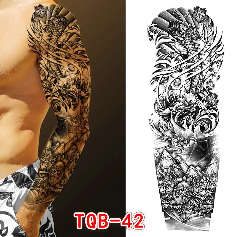 Sdrawing Men Temporary Tattoos Large Arm Sleeve Tattoo Sticker Dragon Tiger Fish Full Skull Totem Wolf Waterproof Fake Tattoo for Women