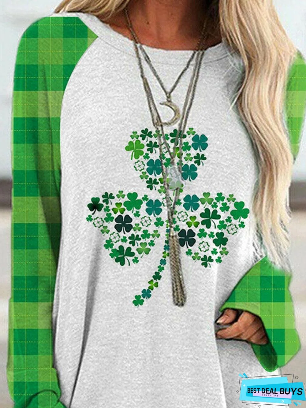 Crew Neck Clover Print Casual Long Sleeve T-shirt
