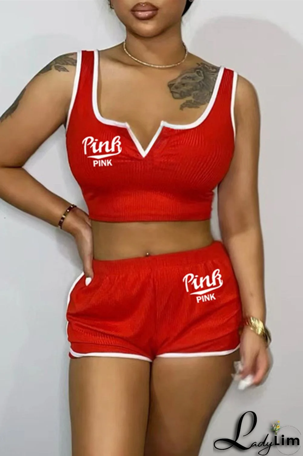 Tibetan Blue Fashion Casual Letter Print Basic V Neck Sleeveless Two Pieces