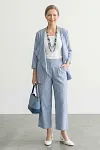 BENANCY GARMENT elegant light blue linen blend 2 piece matching pants suit set with draped jacket for mature women