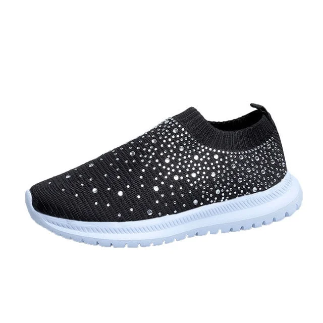 White Vulcanized Shoes Sneakers Women Knit Loafer Bling Tenis Feminino Slip on Female Flat Crystal Casual Shoes zapatillas mujer