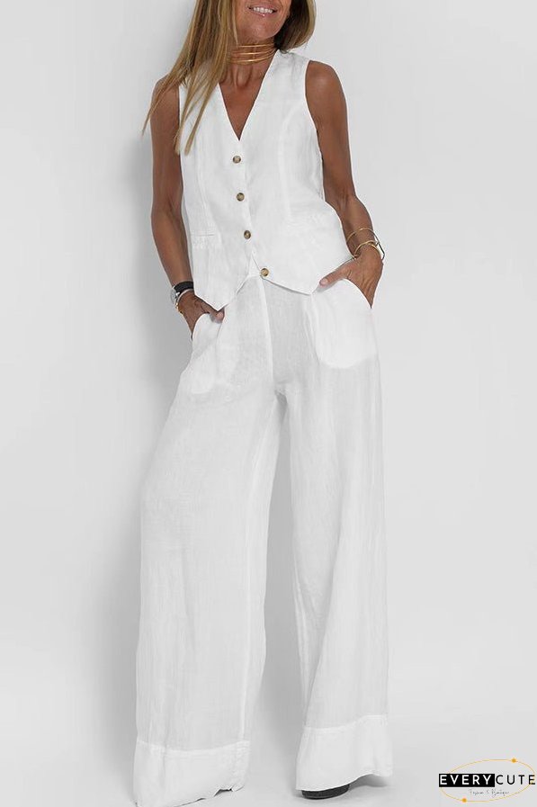 Eddie Linen Blend Button Vest and Elastic Waist Pocketed Wide Leg Pants Set