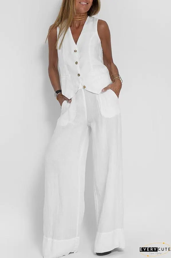 Eddie Linen Blend Button Vest and Elastic Waist Pocketed Wide Leg Pants Set
