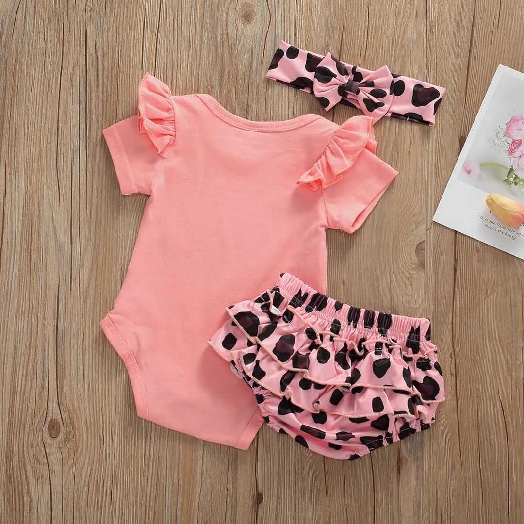 2020 Baby Summer Clothing Newborn Infant Baby Girls Ruffle Tops Jumpsuit Romper + Leopard Tutu Shorts Pants Headband Outfits Set