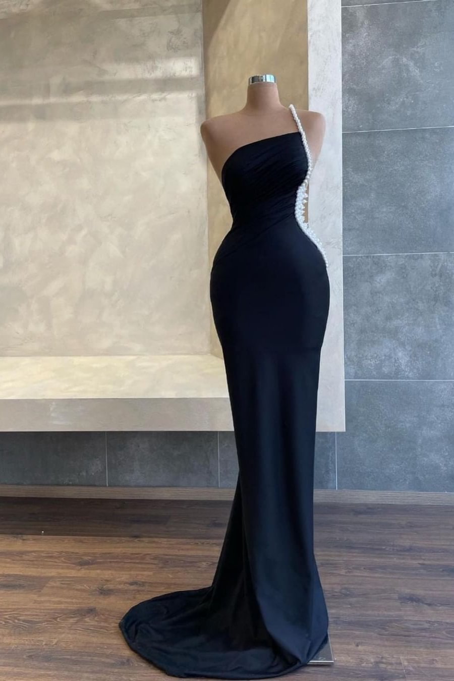 Black One Shoulder Pearl Beadings Mermaid Long Evening Dress ED0278