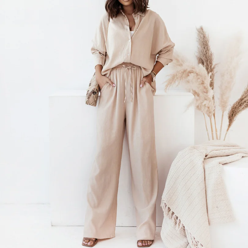 Uveng Uveng Women's New Two Piece Set Ins Fashion Loose Shirt Wide Leg Fashion Suit Autumn Two Piece Set