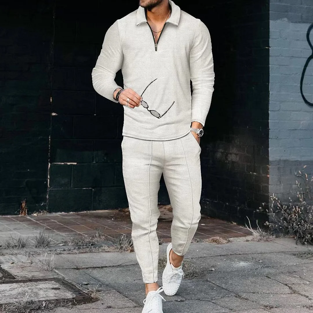 Solid Color Zip Polo Shirt And Pants Two Piece Set