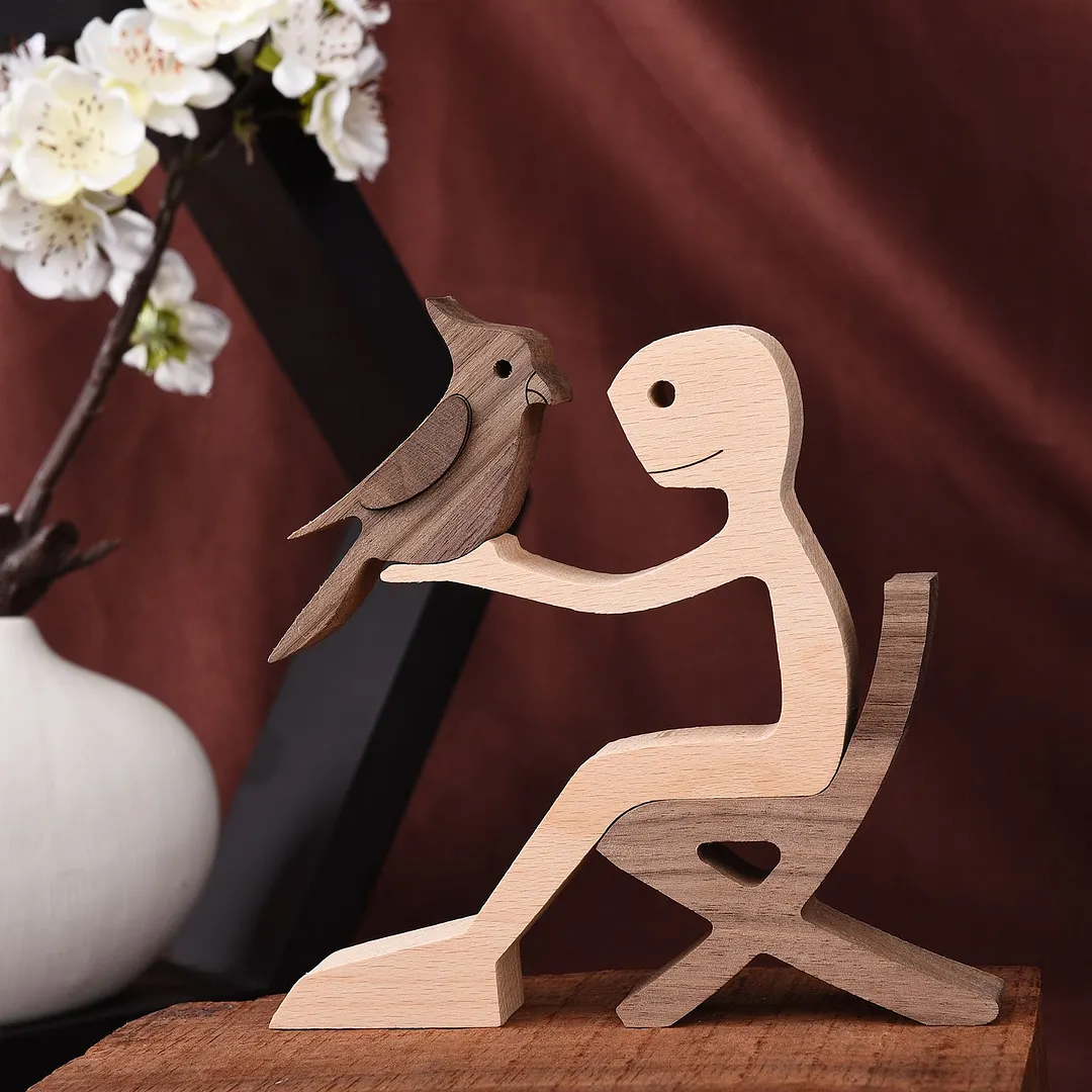 Family Puppy Wood Dog Craft Figurine Desktop Table Ornament Carving Model Creative Home Office Decoration Love Pet Dropshipping