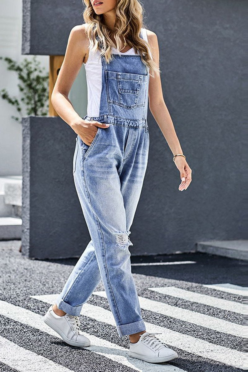 Denim Hole Distressed Casual Overall