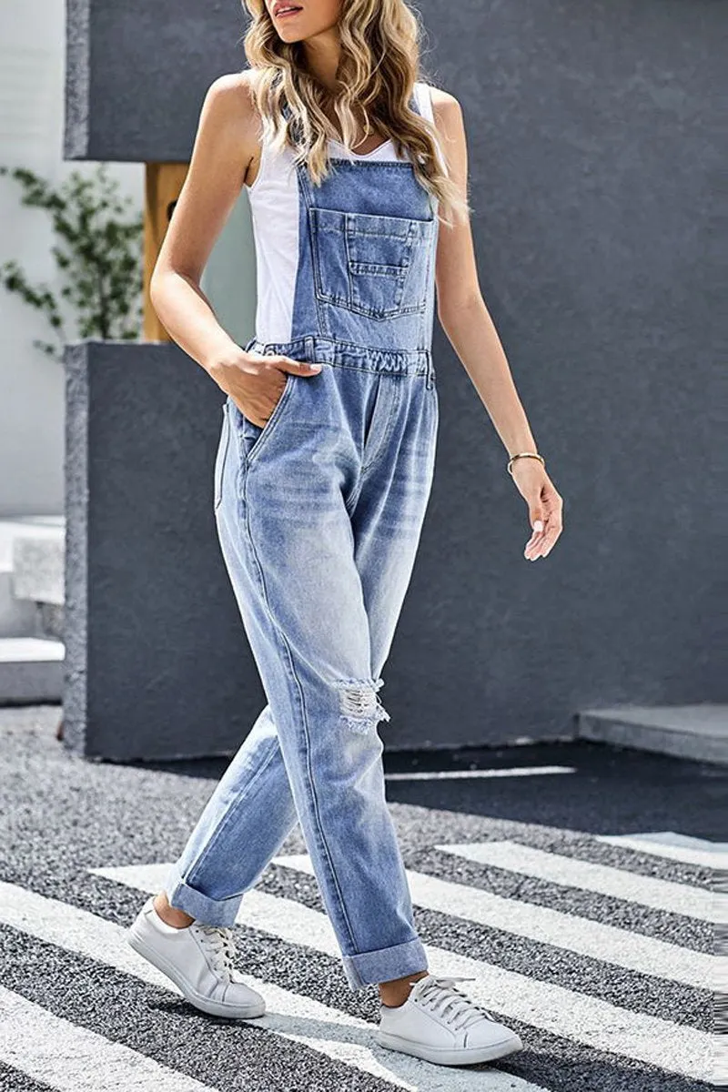 Denim Hole Distressed Casual Overall