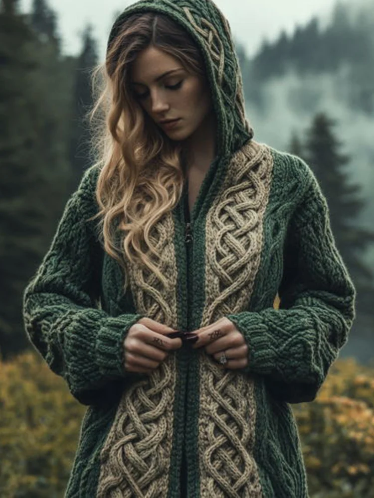 VChics Women's Vintage Green Celtic Knot Knit Hoodie Cardigan