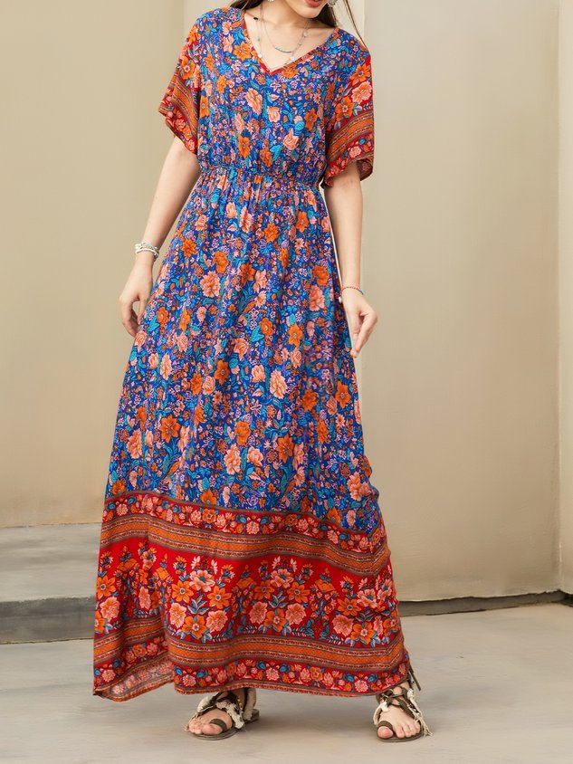 V Neck Short Sleeve Boho Printed Weaving Dress