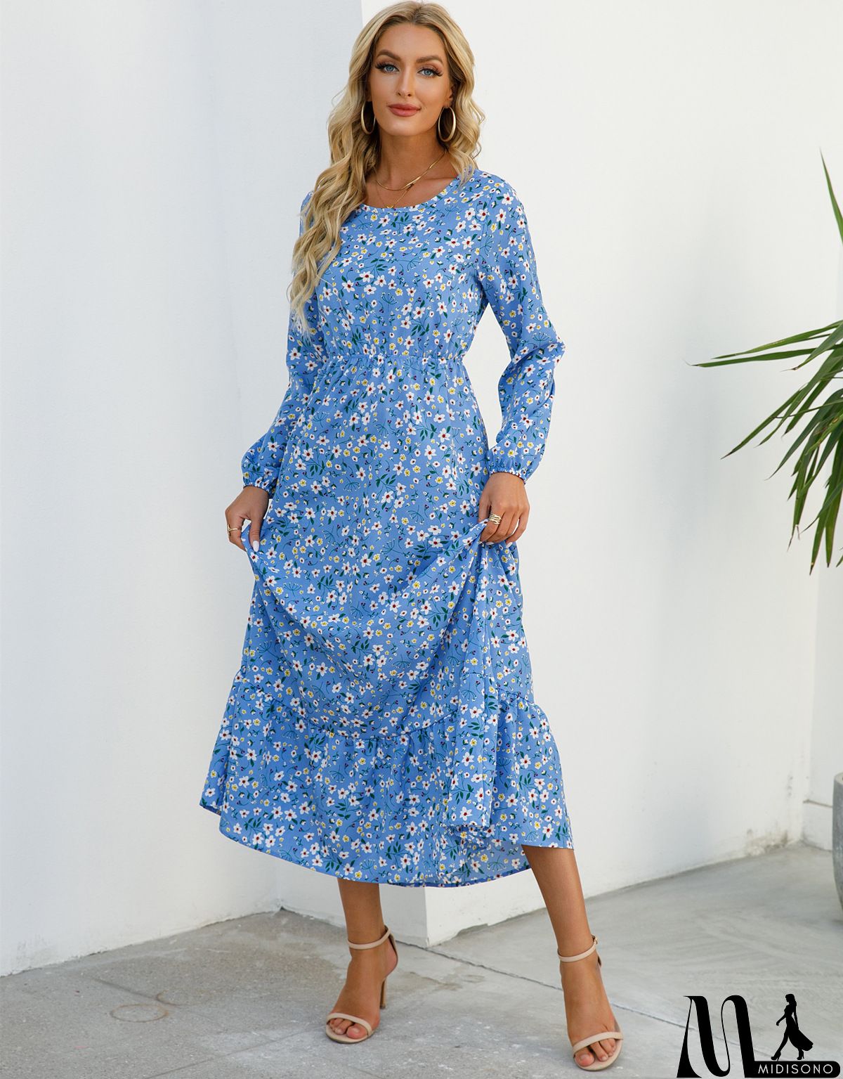 MidiSono - Women Fashion Casual Floral Print Round Neck Long Sleeve Maxi Dress