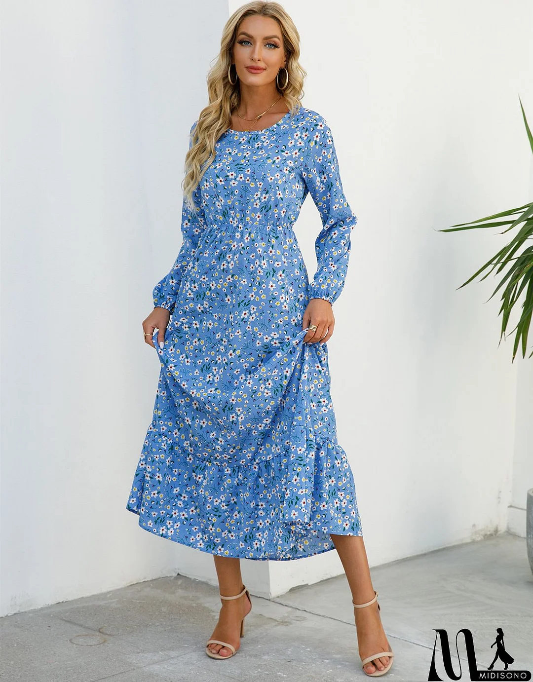 MidiSono - Women Fashion Casual Floral Print Round Neck Long Sleeve Maxi Dress