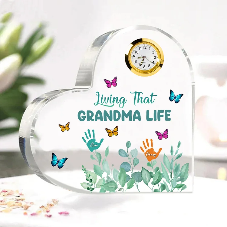 Personalized Heart-Shaped Acrylic Clock Keepsake Engraved 2 Names Heart Ornament Grandparents' Day Gift for Mom Grandma
