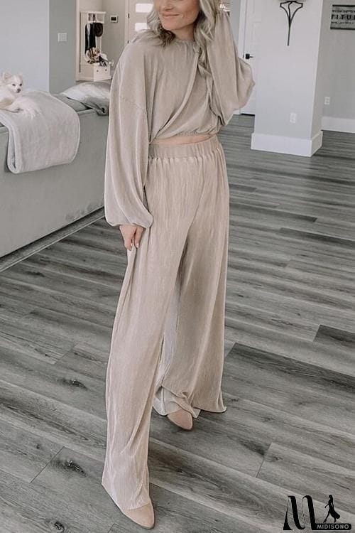 MidiSono - Pleated Crop Blouse Wide Leg Pants Set