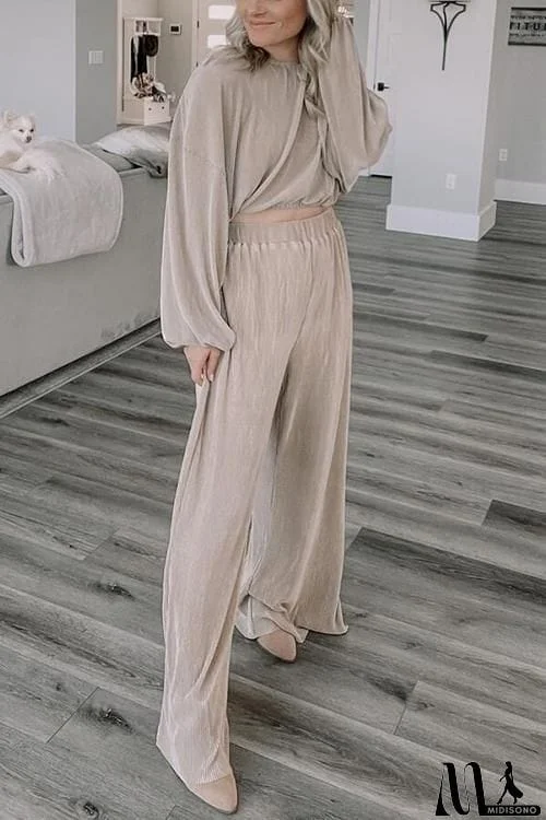 MidiSono - Pleated Crop Blouse Wide Leg Pants Set