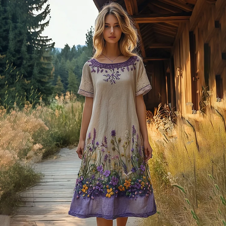 Vintage Floral Embroidery Short Sleeve Midi Dress