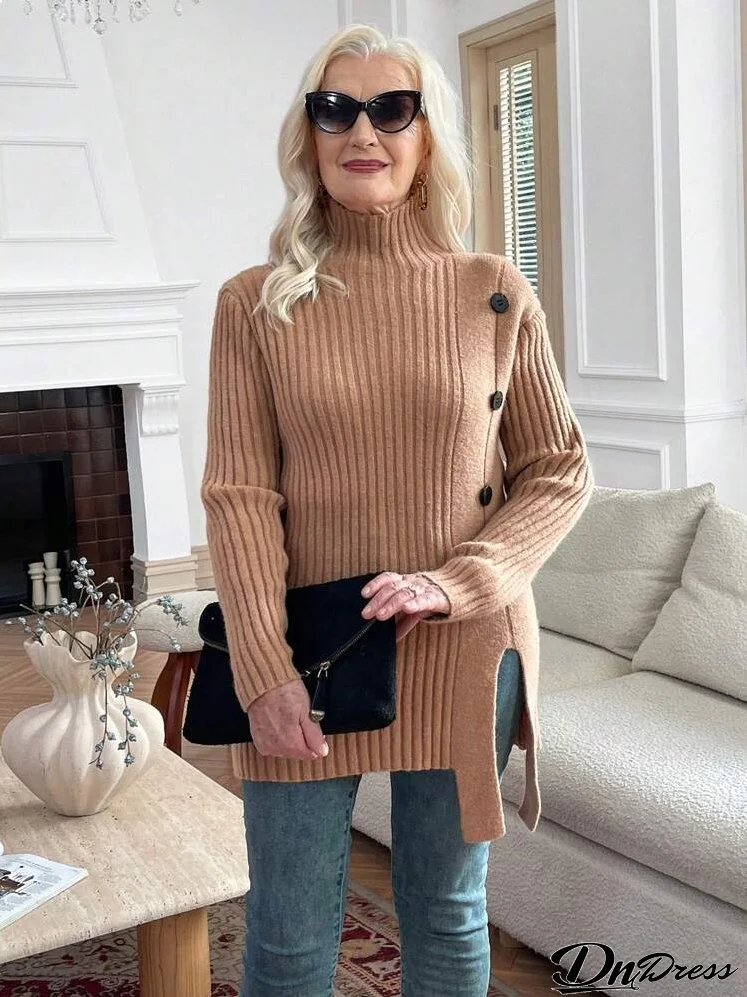Women Casual Solid High Collar Ribbed Side Slit Button Knit Sweater, Autumn/Winter
