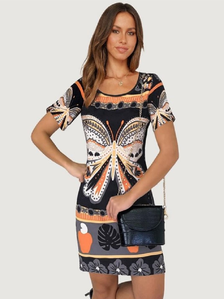 Butterfly Printed Round Neck Straight T-shirt Dress | EGEMISS