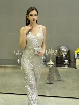 Women&rsquo;s Sexy Double V Neck Sparkly Long Wide Leg High Waist Jumpsuits Rompers