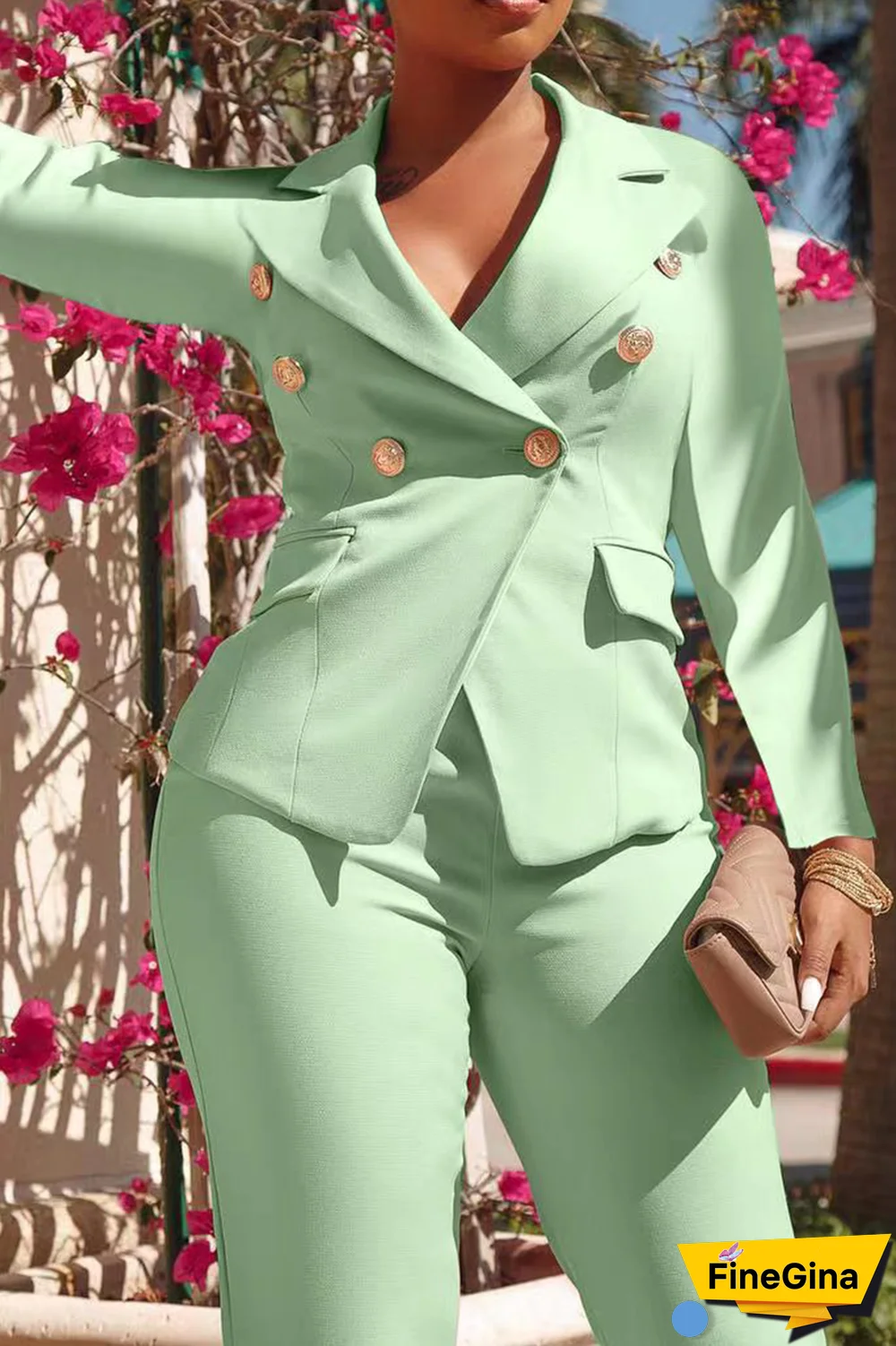 Pink Fashion Solid Buckle Turndown Collar Long Sleeve Two Pieces